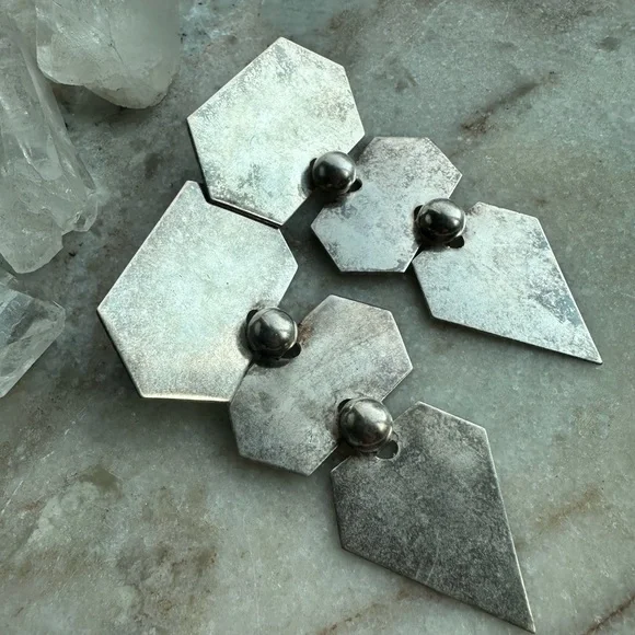 Vintage Silver Geometric Modernist Statement Drop Earrings - Picture 4 of 6